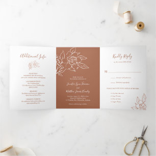 Terracotta Line Art Floral Elegant Wedding Tri-Fold Invitation