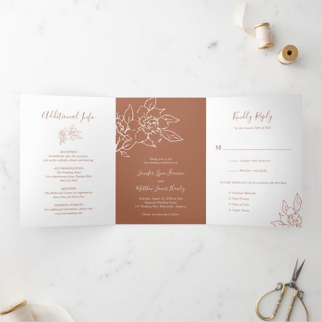Terracotta Line Art Floral Elegant Wedding Tri-Fold Invitation (Inside)
