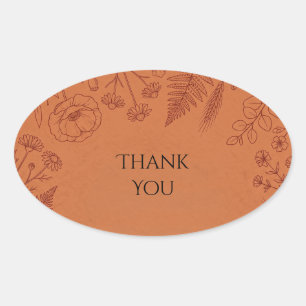 Terracotta Line Art Floral Thank You Oval Sticker