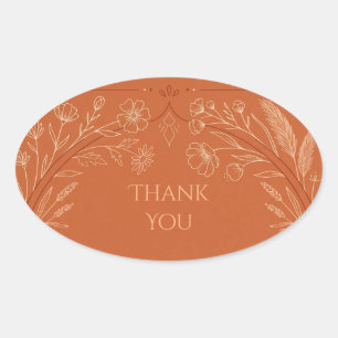 Terracotta Line Art Floral Thank You Oval Sticker