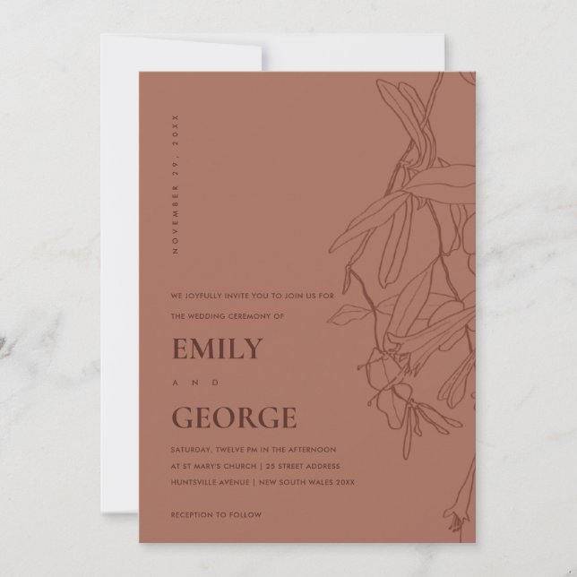 TERRACOTTA LINE DRAWING FLORAL WEDDING INVITE (Front)