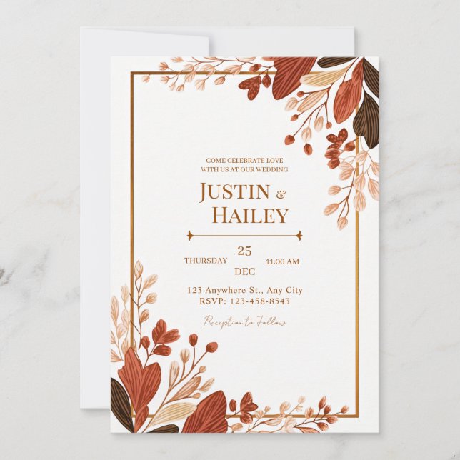 Terracotta Line Leaf Gilded Botanical Wedding Invitation (Front)