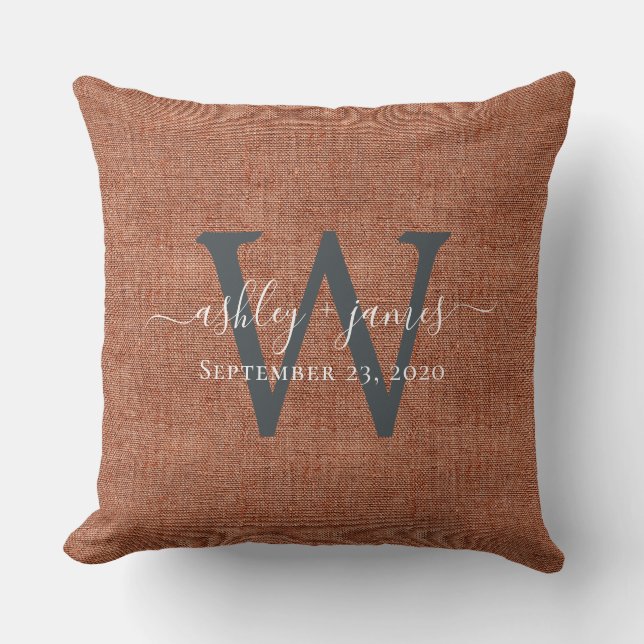 TerraCotta Linen Monogram Wedding Keepsake Cushion (Front)