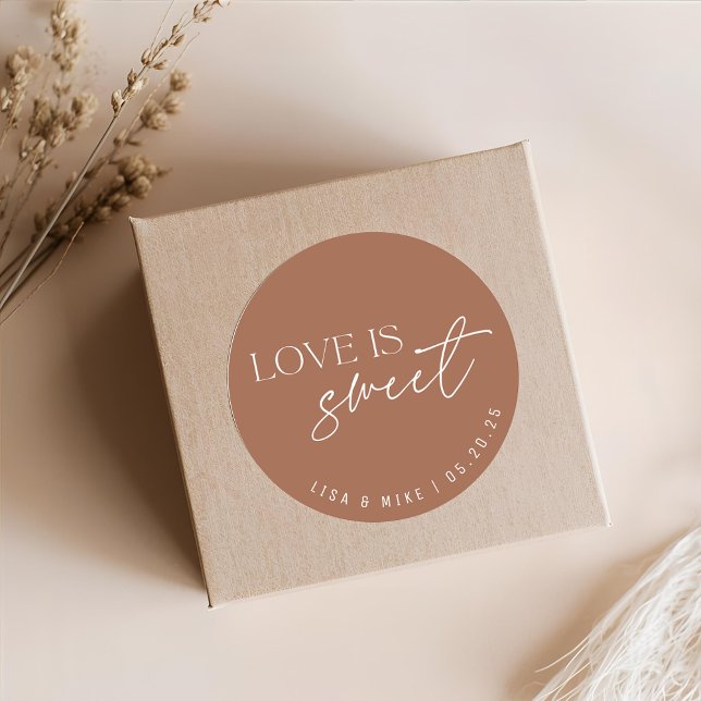 Terracotta Love is Sweet Wedding Favour Classic Round Sticker (Creator Uploaded)
