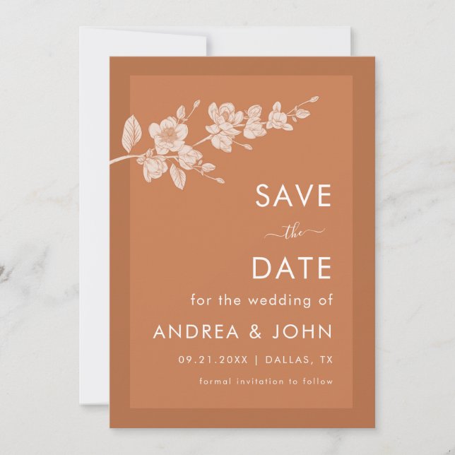 Terracotta Magnolia Branch Bloom Rustic Minimalist Save The Date (Front)