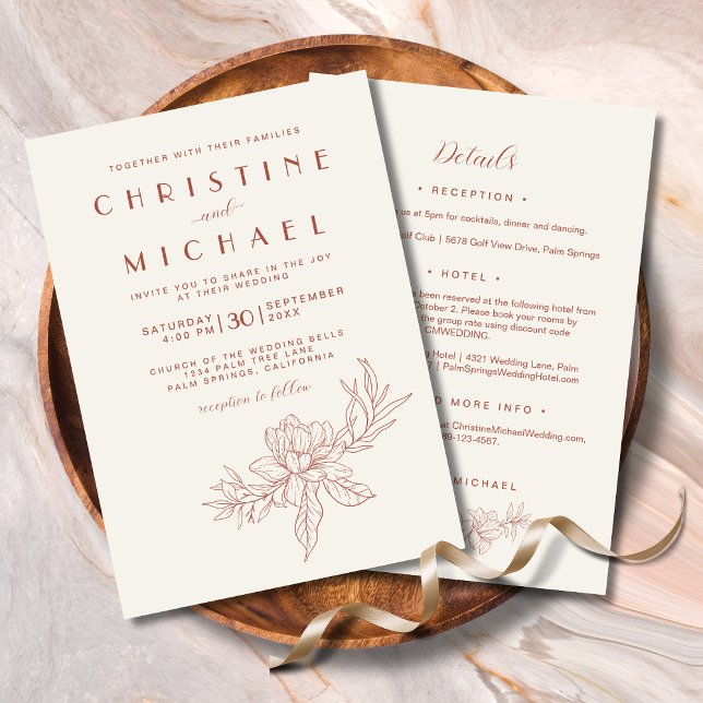Terracotta Magnolia Elegant All-In-One Wedding Invitation (Terracotta Magnolia Elegant Floral Budget All-In-One Wedding Invitation with Details on Back.)