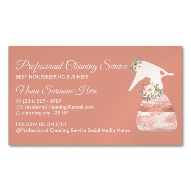 Terracotta Maid Spray Flower Cleaning Magnetic Business Card (Front)