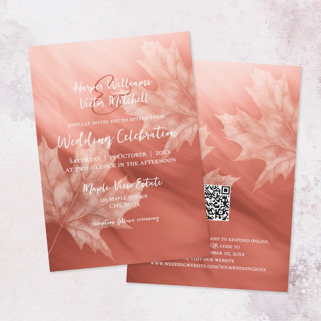 terracotta maple leaves accent all in one invitation (front & back views)