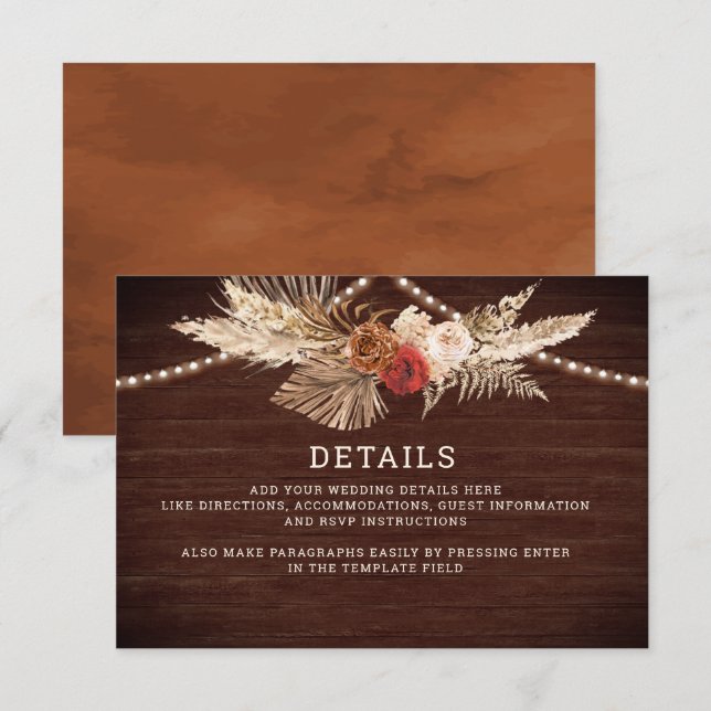 Terracotta Maroon Floral Pampas Wedding Details Enclosure Card (Front/Back)