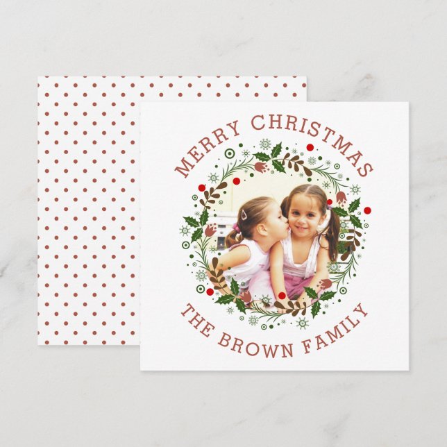 Terracotta Merry Christmas, floral wreath photo Holiday Card (Front/Back)