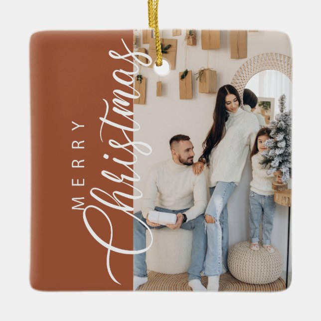Terracotta Merry Christmas Photo Ceramic Ornament (Front)