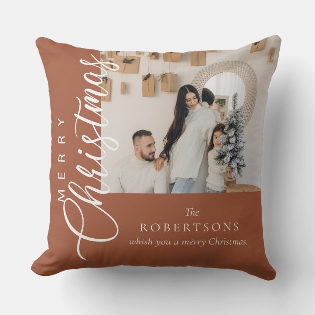 Terracotta Merry Christmas Photo Cushion (Front)