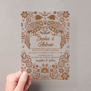 Terracotta Mexican Birds Otomi Floral Wedding Acrylic Invitations