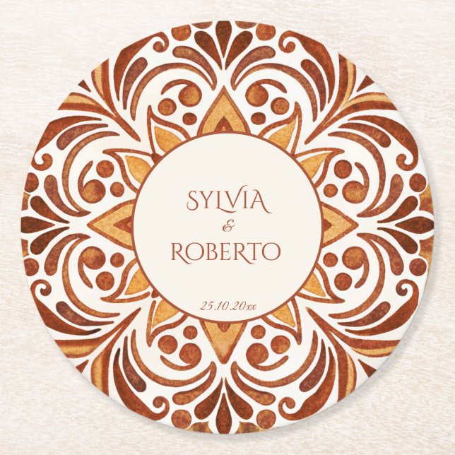 Terracotta Mexican Talavera wedding favours custom Round Paper Coaster (Front)