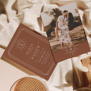 Terracotta Mid Century 70s Monogram Photo Wedding Invitation