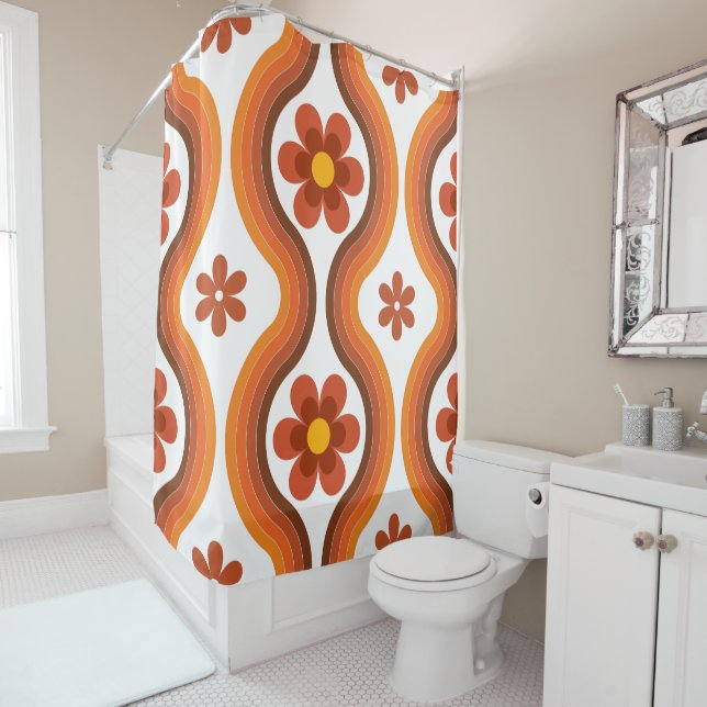 Terracotta Mid Century Modern Floral Rainbow Retro Shower Curtain (In Situ)