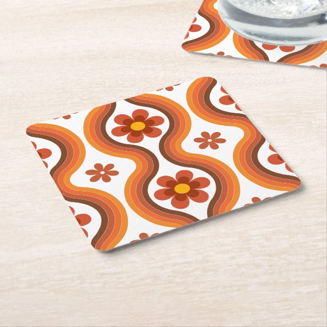 Terracotta Mid Century Modern Floral Rainbow Retro Square Paper Coaster (Angled)