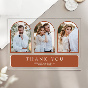 Terracotta Minimal Arch 3 Photo Wedding Thank You Acrylic Invitations