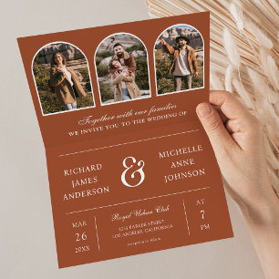 Terracotta Minimal Arch Photo QR code Wedding Invitation