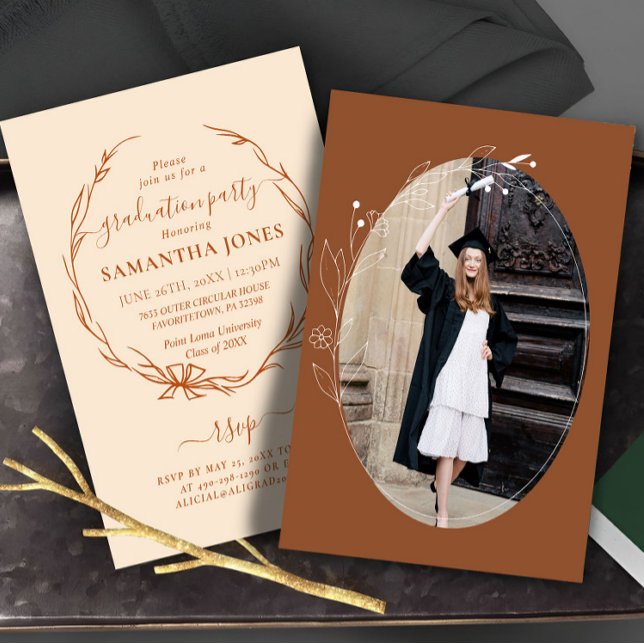 Terracotta Minimal Foliage Photo Graduation Party Invitation (Creator Uploaded)