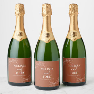 Terracotta Minimal Minimalist Branch Leaf Wedding Sparkling Wine Label