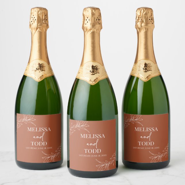 Terracotta Minimal Minimalist Branch Leaf Wedding Sparkling Wine Label (Bottles)