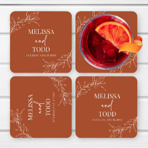 Terracotta Minimal Minimalist Branch Leaf Wedding Square Paper Coaster