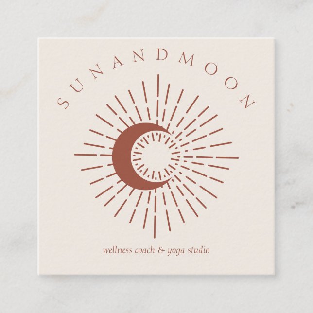 Terracotta  Minimal Modern Celestial Sun Moon Square Business Card (Front)