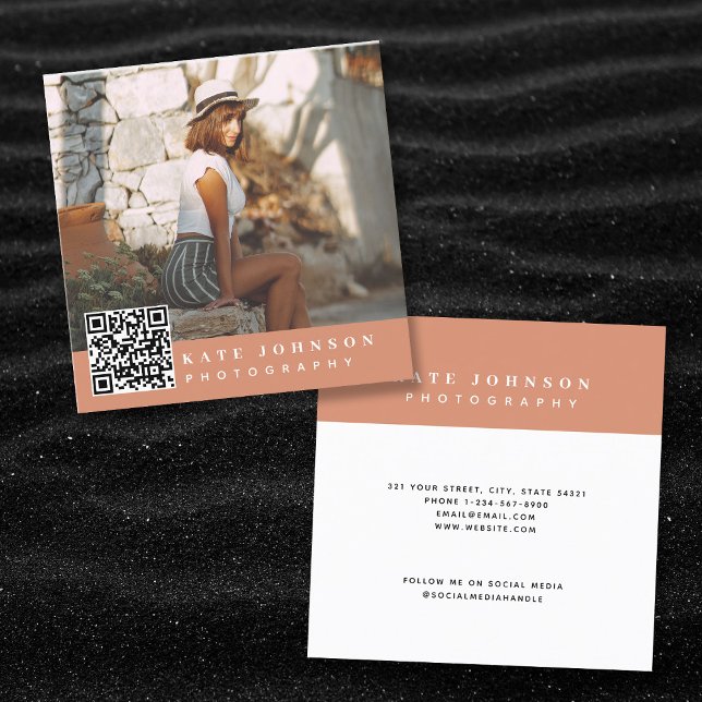 Terracotta Minimal Photo QR Code Social Media  Square Business Card (Creator Uploaded)