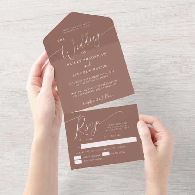Terracotta Minimal Wedding Elegant Script   All In One Invitation (Tearaway)