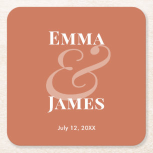 Terracotta Minimalist Ampersand Wedding Reverse Square Paper Coaster