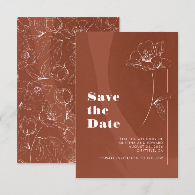 Terracotta Minimalist Boho Floral Save The Date (Front/Back)