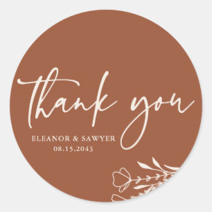 Terracotta Minimalist Bouquet Wedding Thank You Classic Round Sticker