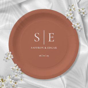 Terracotta Minimalist Chic Monogram Wedding Paper Plate