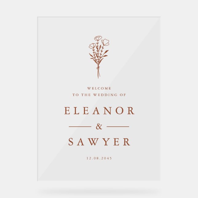 Terracotta Minimalist Floral Bouquet Wedding Acrylic Sign (Front)
