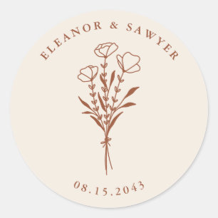 Terracotta Minimalist Floral Bouquet Wedding Classic Round Sticker