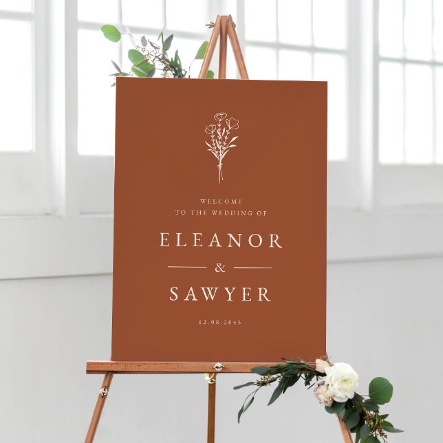 Terracotta Minimalist Floral Bouquet Wedding Poste Poster (Customizable terracotta wedding sign featuring minimalist floral bouquet. Available in other colors )