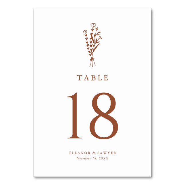 Terracotta Minimalist Floral Bouquet Wedding Table Number (Front)