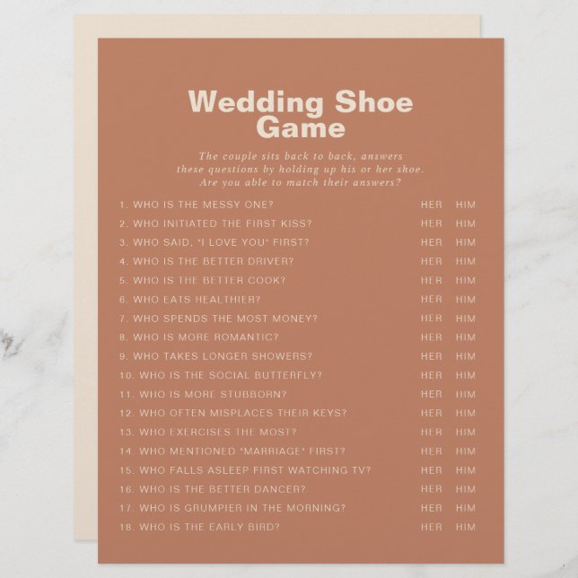 Terracotta Minimalist Formal Wedding Shoe Game (Front/Back)