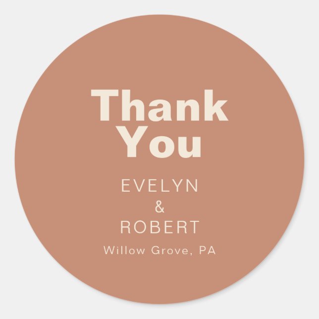 Terracotta Minimalist Formal Wedding Thank You  Classic Round Sticker (Front)