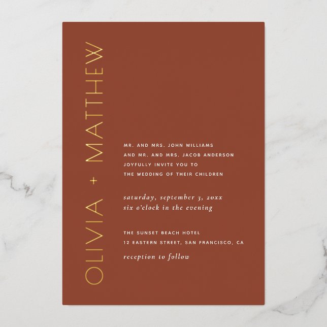 Terracotta minimalist gold typography fall wedding (Front)