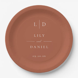 Terracotta Minimalist Monogram Wedding Paper Plate