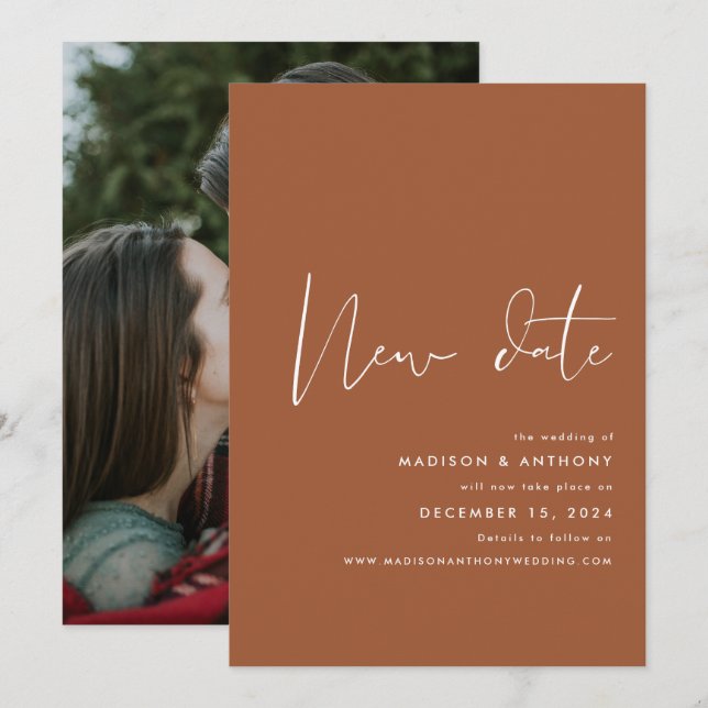 Terracotta Minimalist Photo New Date Wedding  Announcement (Front/Back)