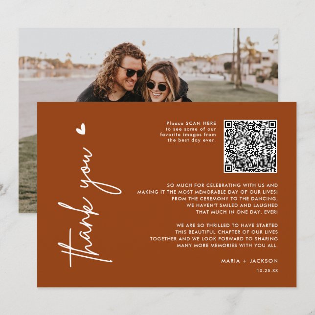 Terracotta Minimalist Photo QR Code Wedding Thank You Card (Front/Back)