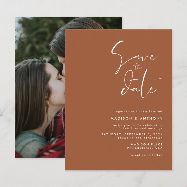 Terracotta Minimalist Save the Date Wedding Photo Invitation Postcard (Front/Back)