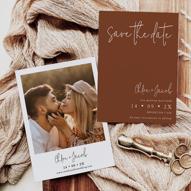 Terracotta Minimalist Script Save The Date Card (Terracotta wedding save the date featuring some modern calligraphy text and the couples photo.)