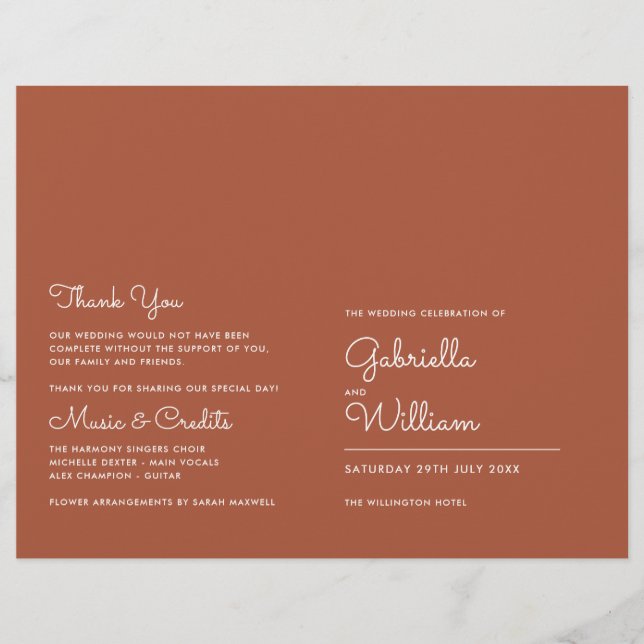 Terracotta Minimalist Script Wedding Program (Front)