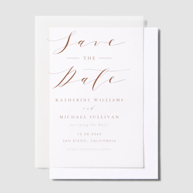 Terracotta Minimalist Script Wedding Save The Date Vellum Invitations (Offset)