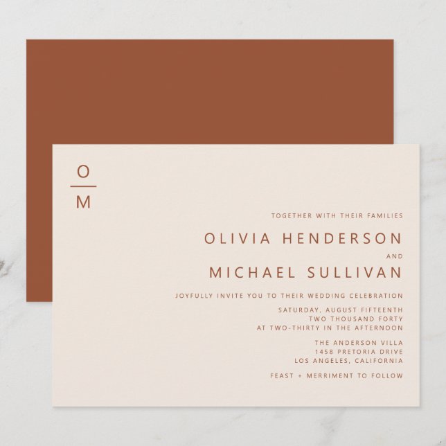 Terracotta Minimalist Typography Monogram Wedding Invitation (Front/Back)