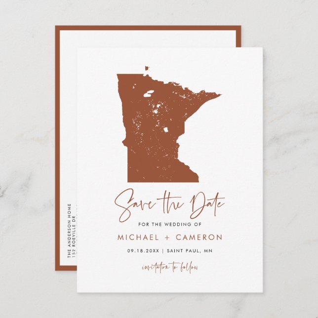 Terracotta Minnesota Map QR Code Save the Date Announcement Postcard (Front/Back)